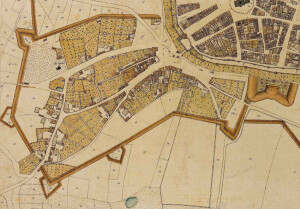 Detail kadastrale kaart Neurenberg rond 1800, met Gostenhof duidelijk zichtbaar buiten de stadsmuren van Neurenberg. Wikimedia Commons