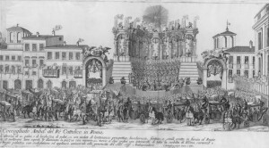 Corelli dirigeert een orkest op Piazza di Spagna in Rome. Deel van gravure Christoforo Schor (1687).